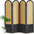 4 Panel Room Divider and Folding Privacy Screen 5.6 Ft Foldable Double Hinged Room Partition, Hand-Woven Rattan Room Divider Portable Wood Wall Divider for Room Separation, Home, Black