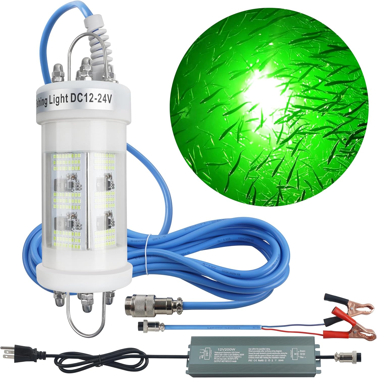 Underwater Fishing Light Super Bright 80000 Lumens 160W Green LED Submersible Fish Bait 110V & 12/24V with Transformer 20FT Wire Night Green Fishing Light for Boats Docks Kayaks