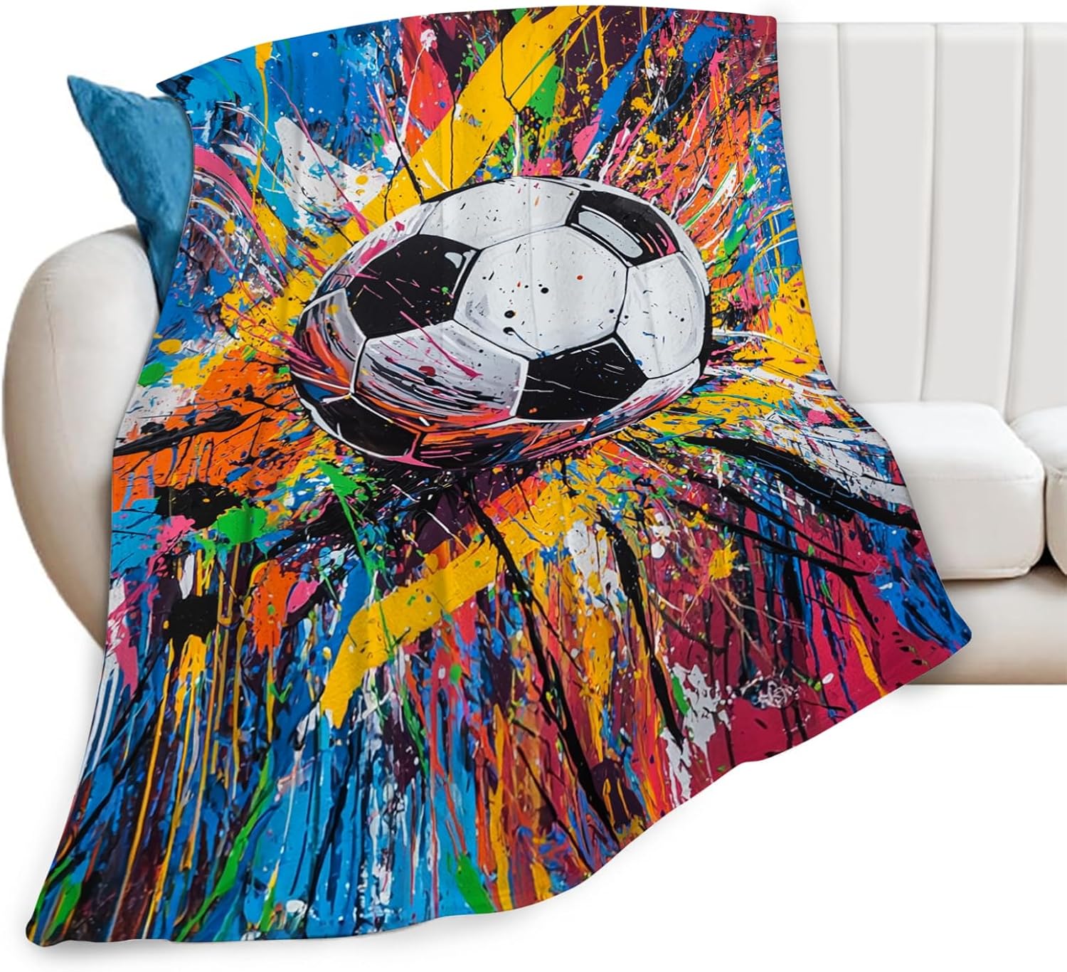Graffiti Soccer Blanket Banksy Sport Throw Blankets Gifts for Girls Boys Kids Soccer Lover Soft Cozy Fleece Plush for Couch Sofa Bed 50"x40"