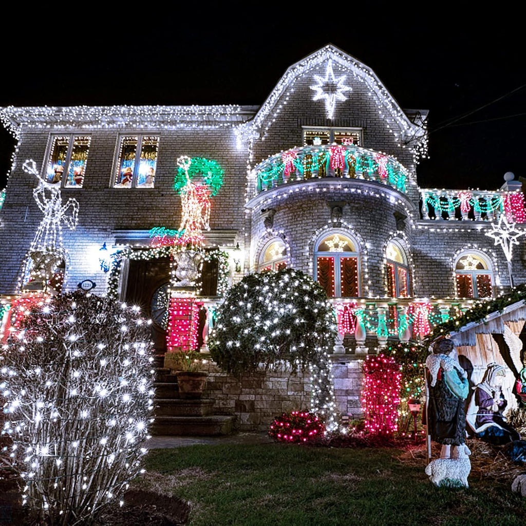 JMEXSUSS 500 LED White Christmas Lights Outdoor Indoor, Green Wire Christmas Tree Lights Plug in, 8 Modes Waterproof White String Lights for Xmas Wedding Party Garden