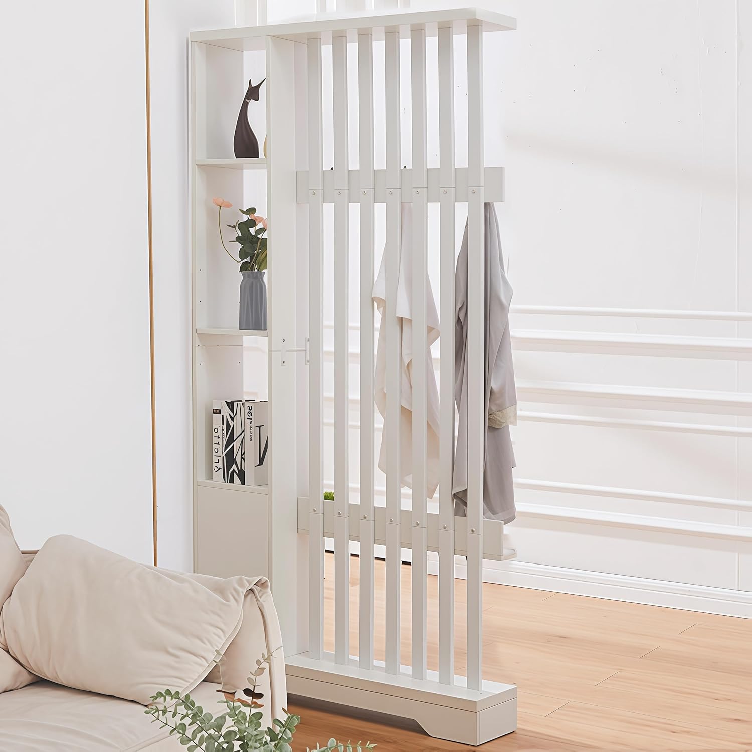 Room Divider with Shelves, Wall Room Divider Bookshelf, Freestanding Wood Privacy Screen with Storage Cabinet, Coat Rack, Display Shelf for Living Room Separation, Home Office Decorative