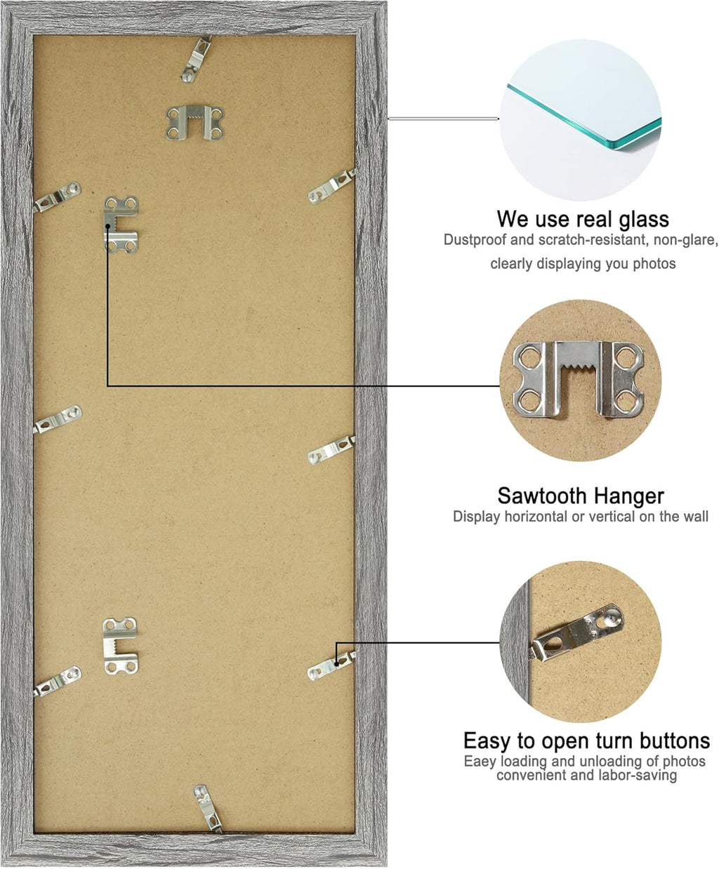 8x20 Picture Frame Set of 2, Rustic Gray Wood Frame with Tempered Glass Collage Frame, Display Pictures Four 4x6 With Mat or 8 x 20 Without Mat - Horizontal or Vertical Wall Mounting