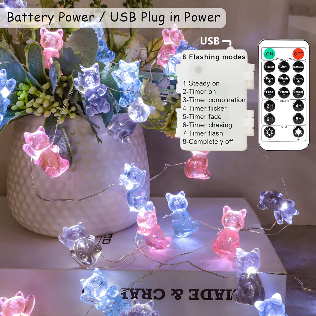 10FT 30LEDs Cat String Lights - Pink Blue Gray Cat Decor - Lovely 3D Cute Cat Design - Battery & USB Powered - Remote Control - Perfect for Pet Lovers Birthday Gift - Ideal Fairy Lights for Indoor