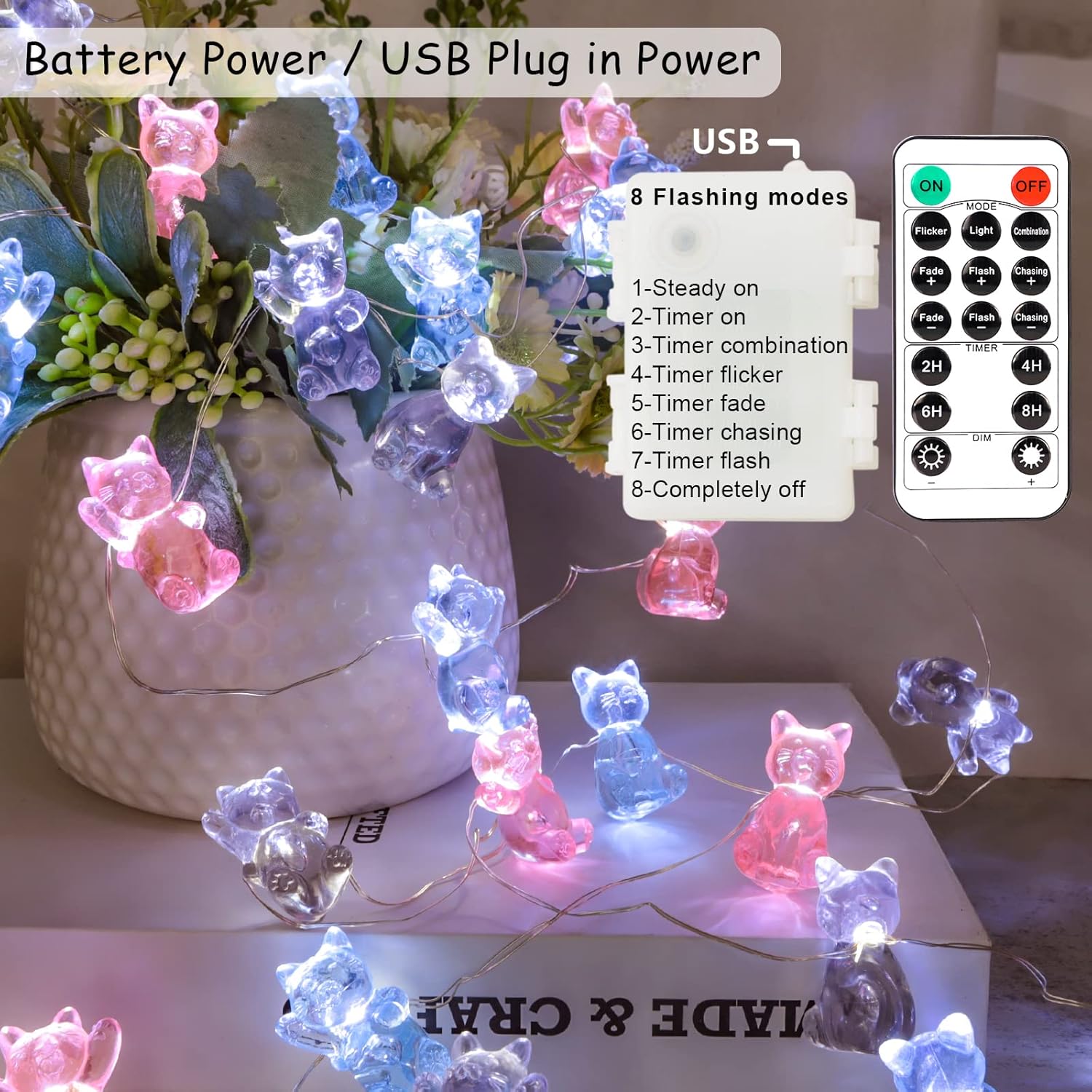10FT 30LEDs Cat String Lights - Pink Blue Gray Cat Decor - Lovely 3D Cute Cat Design - Battery & USB Powered - Remote Control - Perfect for Pet Lovers Birthday Gift - Ideal Fairy Lights for Indoor