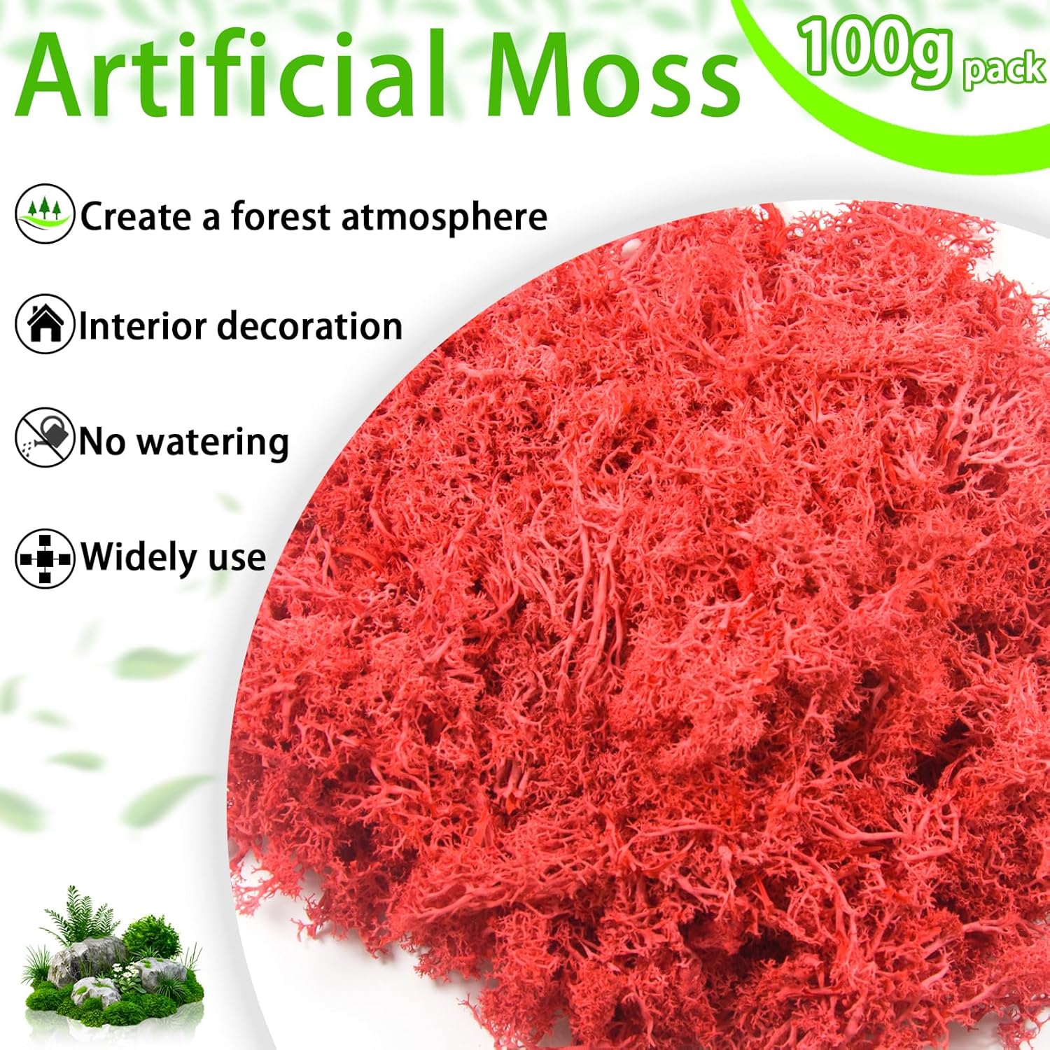 3.5 oz Artificial Moss for Plants Indoor, Fake Preserved Reindeer Moss for Centerpieces Home Decor Potted Plants Crafts Wedding Wall Decor(Red)