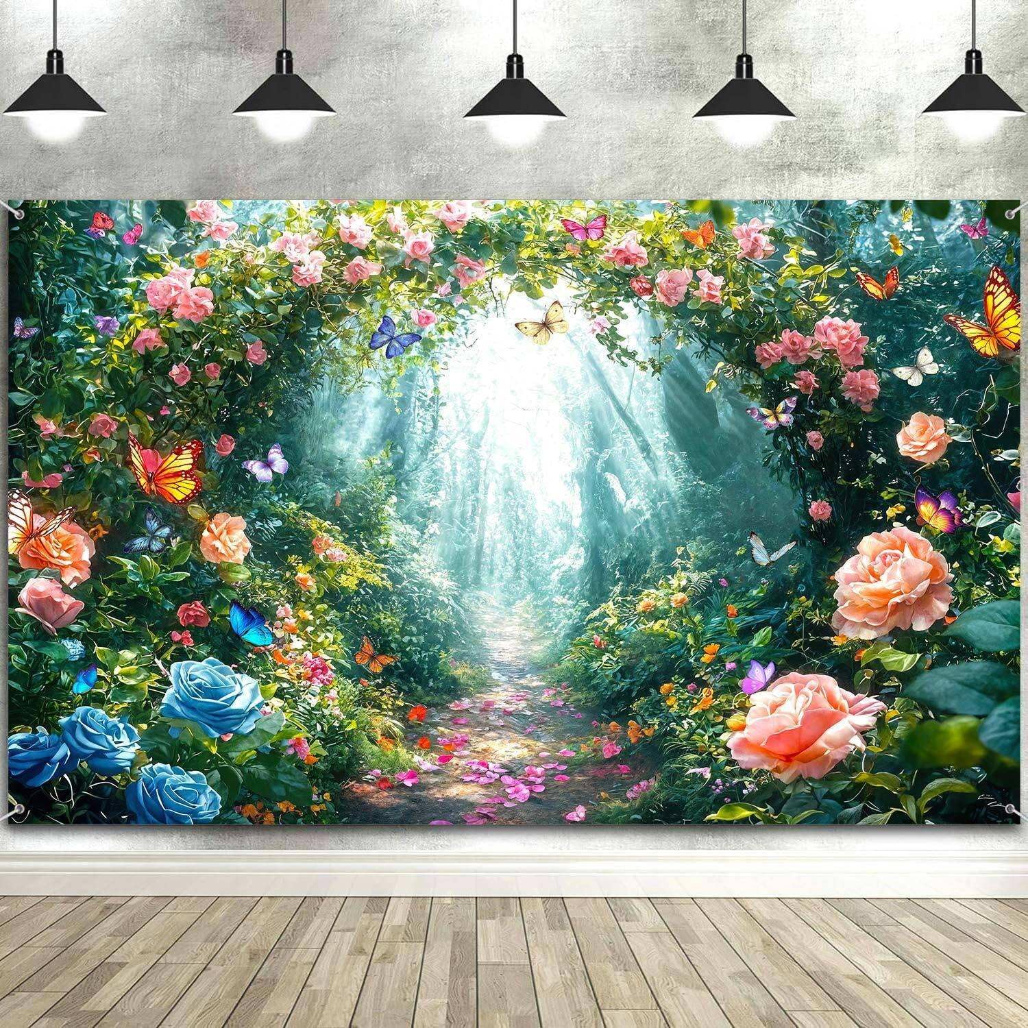 Enchanted Forest Backdrop Fairy Tale Wonderland Garden Woodland Butterfly Photography Background Girl Kids Birthday Decor Party Decorations Photo Booth Studio Props 10X8