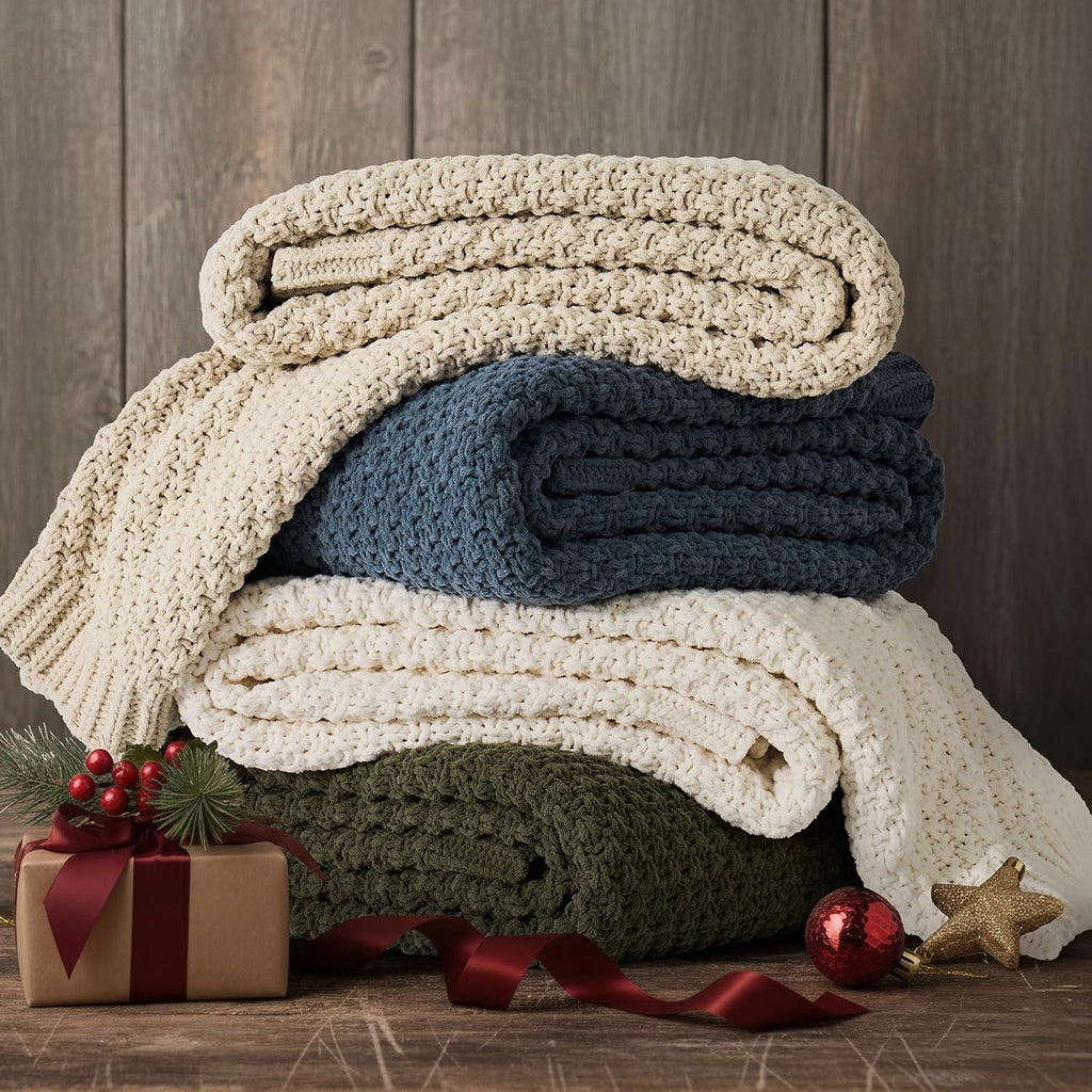 EVERGRACEHOME Chunky Chenille Knit Throw Blanket for Couch, Soft Luxurious Moss Stitch Blankets for Bed, Cozy Decorative Farmhouse Knitted Throws for Sofa, Beige, 50" x 60"