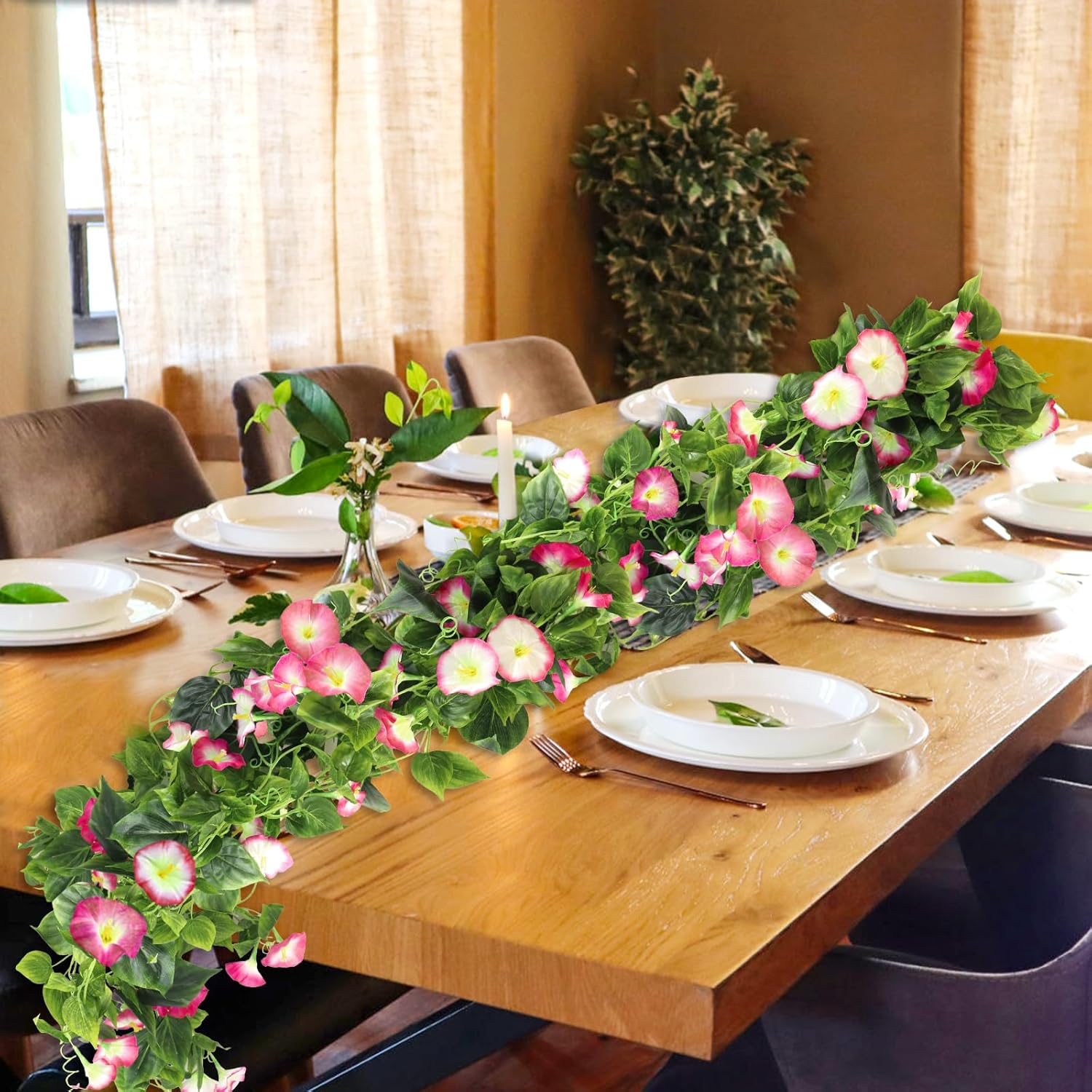 AirSun Artificial Morning Glory Flower Vines, 2pcs 15Feet Hanging Plants Silk Garland Fake Green Plant Home Garden Wall Fence Indoor Outdoor Wedding Birthday Decor