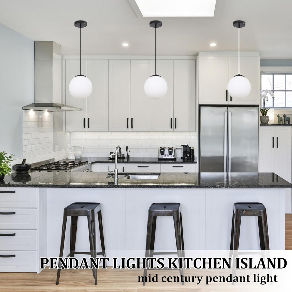 KoKo&Yukina 6-inch mini Modern Globe Pendant Light Opal Glass with Black Finish Contemporary Mid Century Adjustable Hanging Light Fixture for Living Room Bedroom Kitchen (Bulb Incl.)
