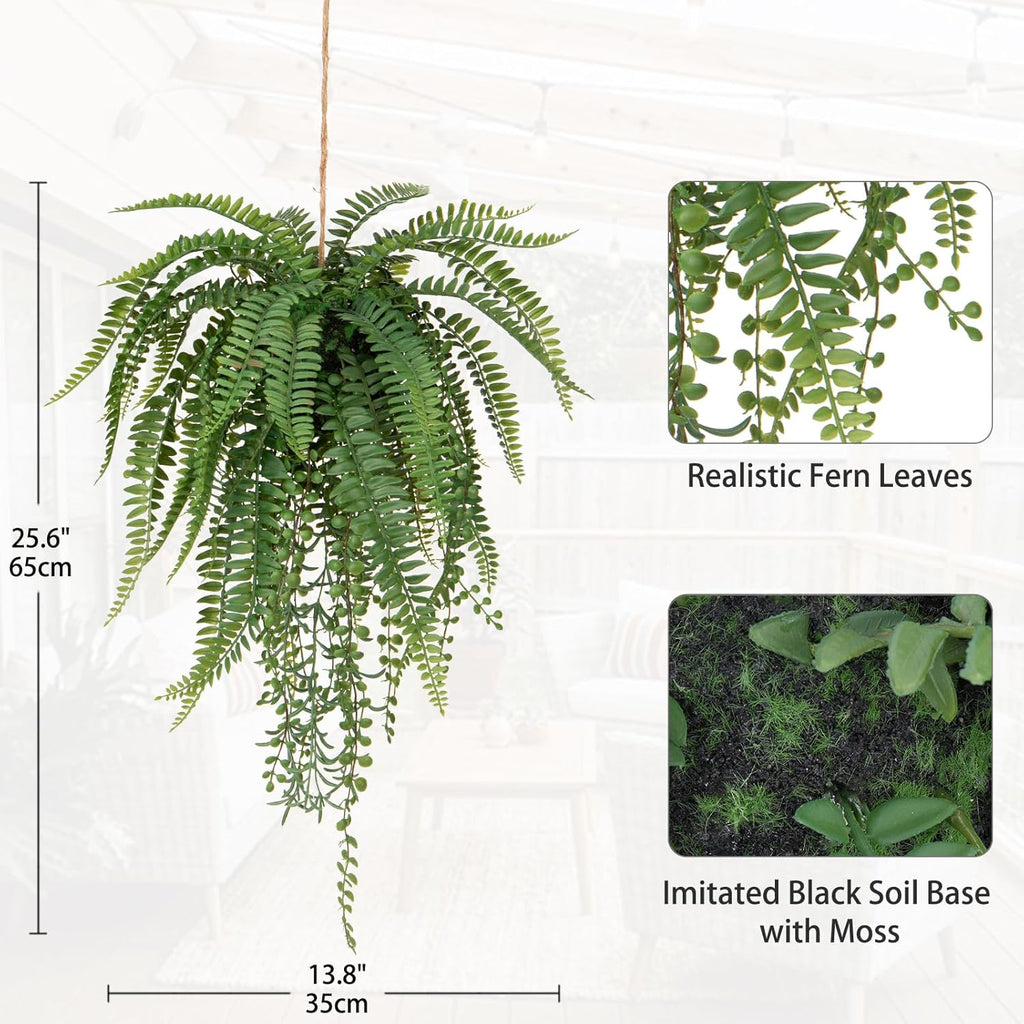 Large Fake Hanging Plants Mixed Fern Faux Hanging Plants Realistic Fake Plants with Hemp Rope Moss Artificial Hanging Plants Indoor for Home Bedroom Bathroom Porch Wall Window Sill Decor