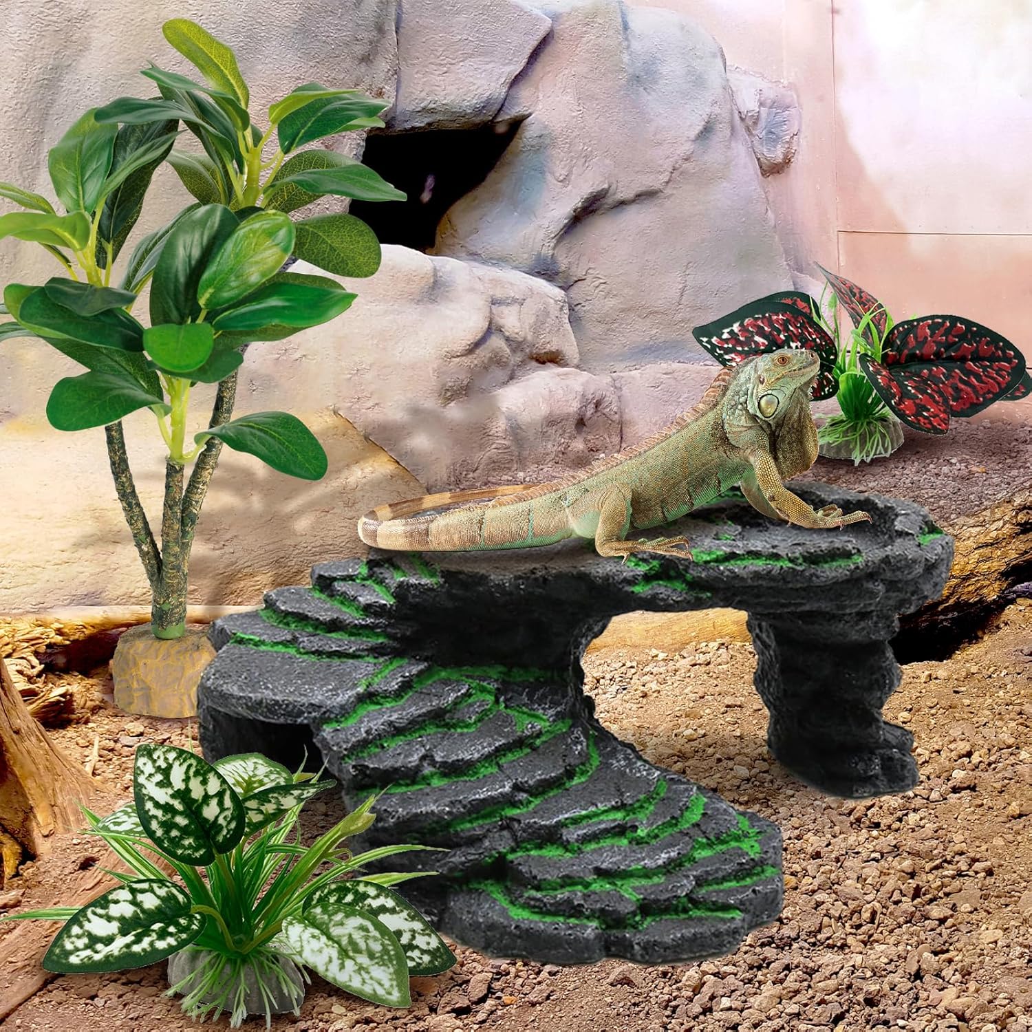Reptile Artificial Plants, Big Terrarium Plants Decorations Supplies, Aquarium Fish Tank Plants, Amphibian Habitat Hideout Tank Accessories(L Set-3pcs/H)