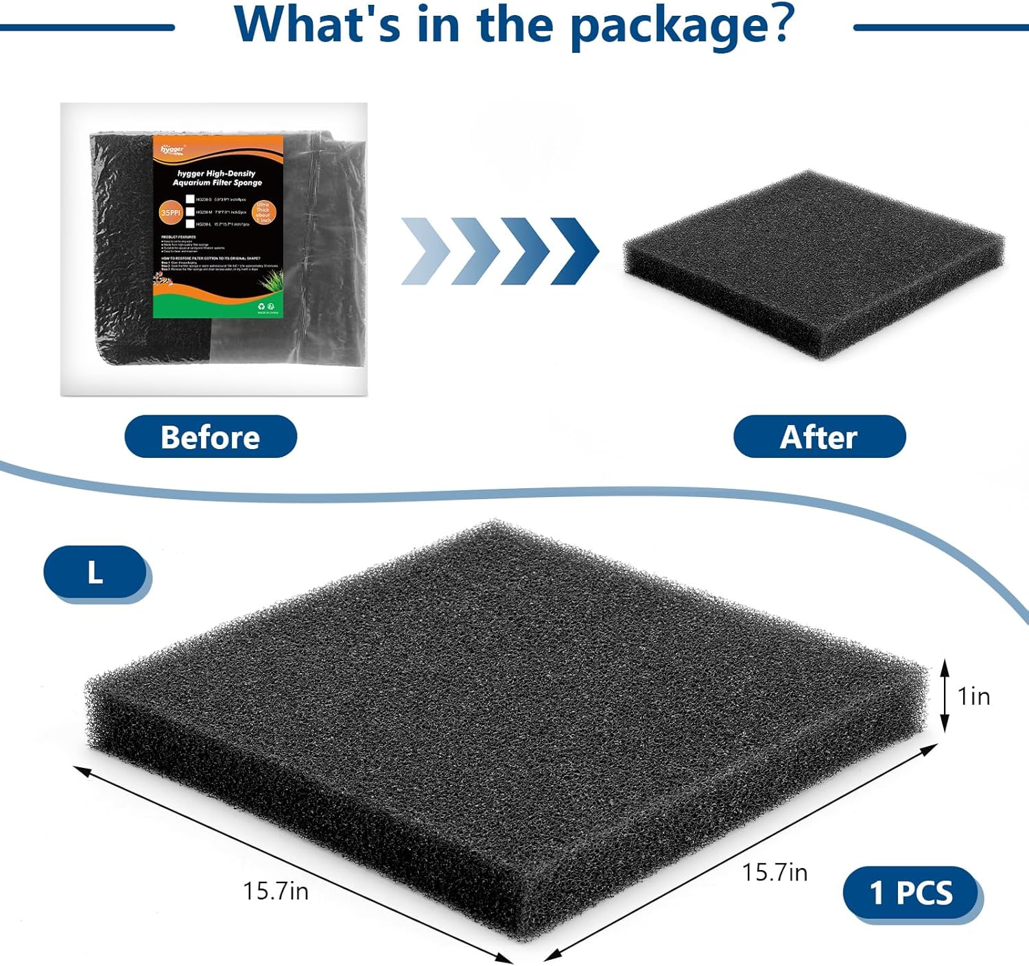 hygger Aquarium Sponge Filter Pad, Filter Media Foam Sponges, Cut-to-Size Open Cell Foam Sheet for Fish Tanks and Ponds, L (1 Pack 15.7 * 15.7 * 1 inch)
