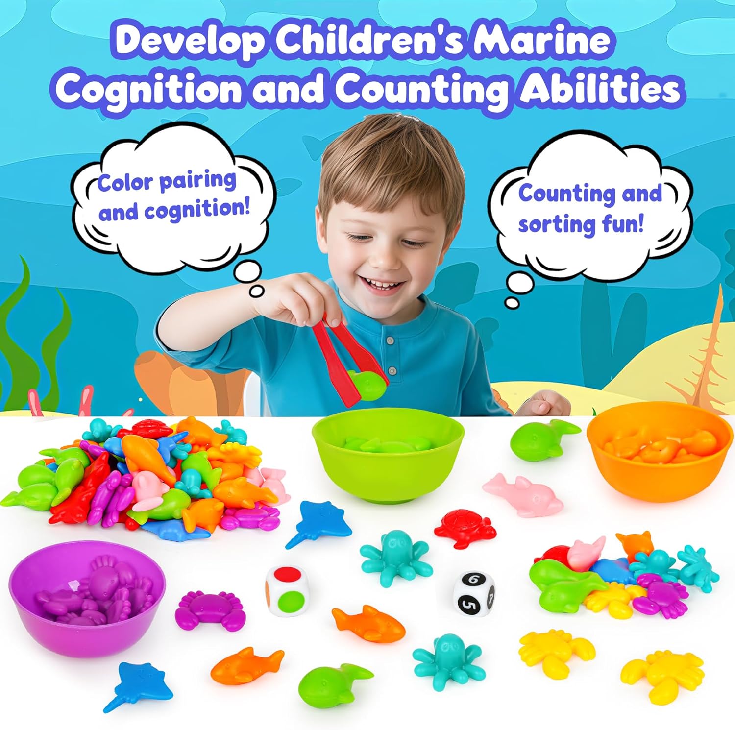 Sorting Colors Sea Animals Counting Toys with Matching Sorting Cups and Game Dices, Color Classification and Sensory Training Preschool Educational Learning Toys for Toddlers Kids Girls Boys Ages 3+
