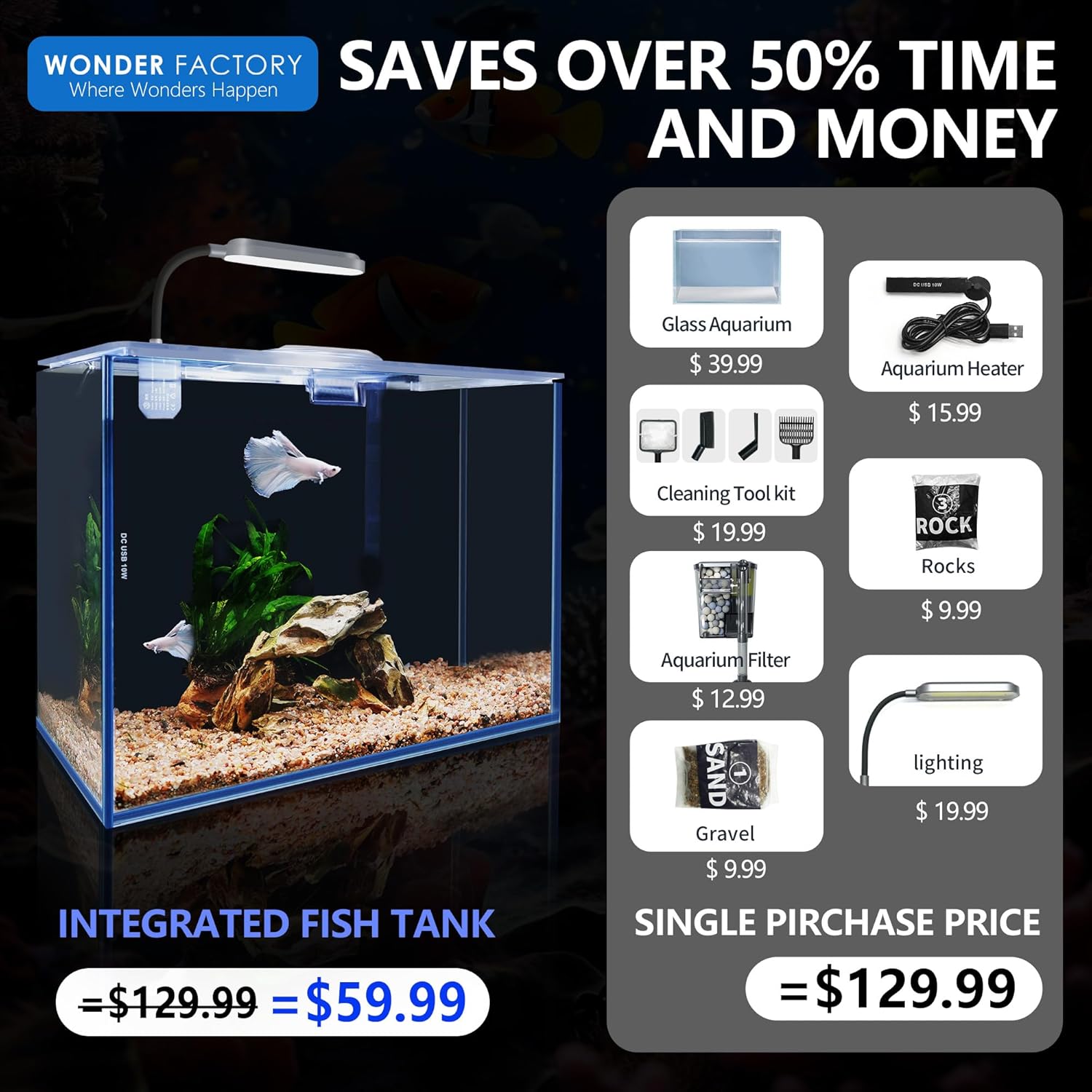 Small Aquarium Set Glass 2.6 Gallon Fish Tank, Starter Kit with Heater Self Cleaning System Efficiency Filter Bright Light Rocks Gravel Cleaning Tool, Leak-Proof Ultra-Clear Rimless Desktop Betta Tank