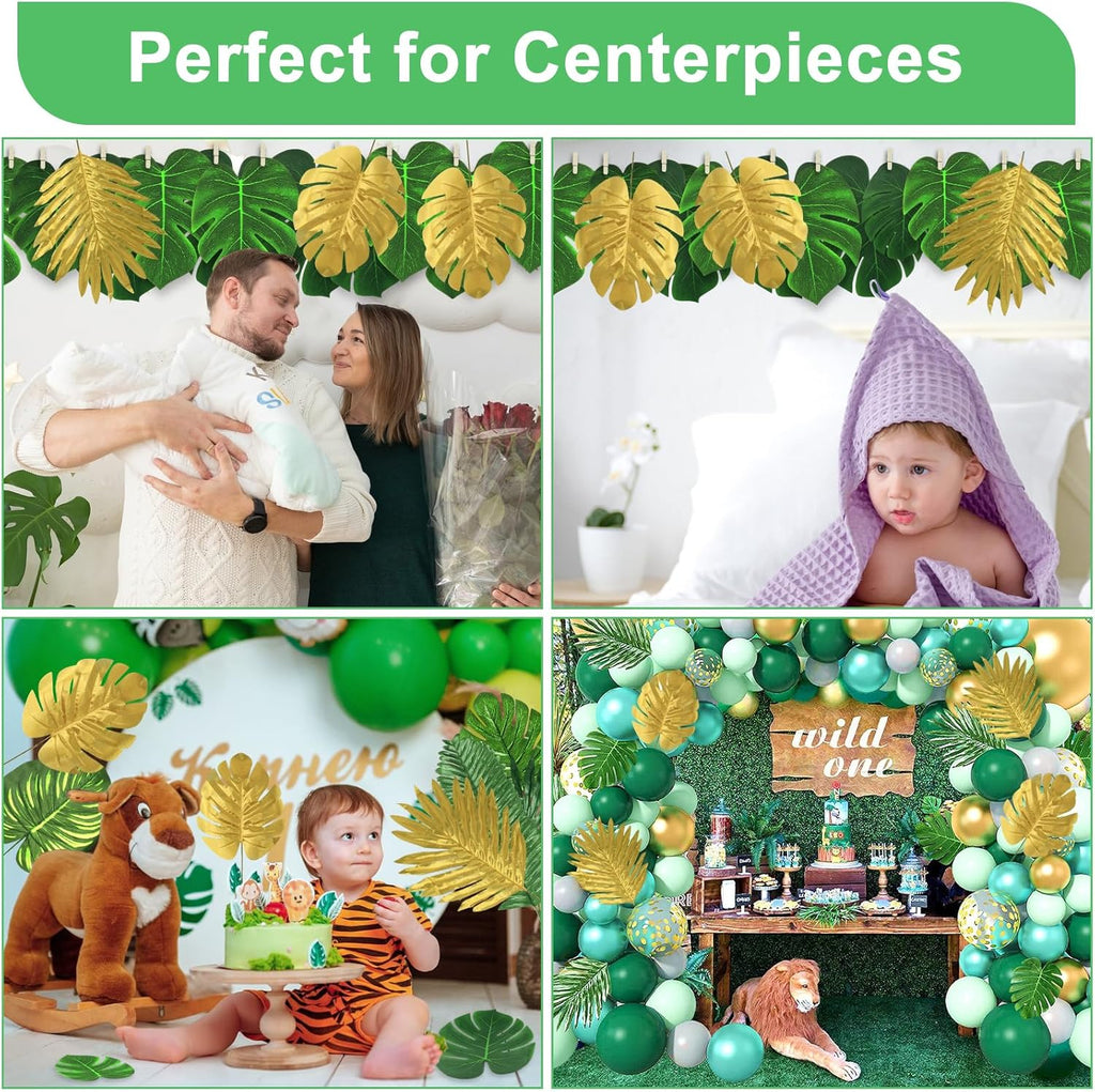 112 Pieces 10 Kinds Artificial Palm Leaves Golden Tropical Leaves with Stems Jungle Leaves Decorations for Hawaiian Luau Party Beach Baby Shower Wedding Birthday