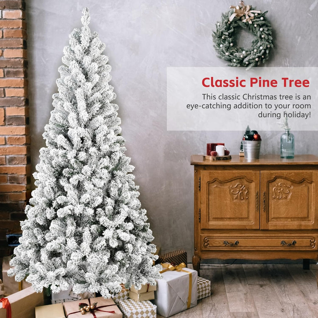 5FT Flocked Artificial Christmas Tree, Full Unlit White Christmas Tree with Premium PVC Branches, Realistic Snowy Look, Sturdy Metal Stand, Indoor Fake Snow Xmas Tree for Home Office Shops