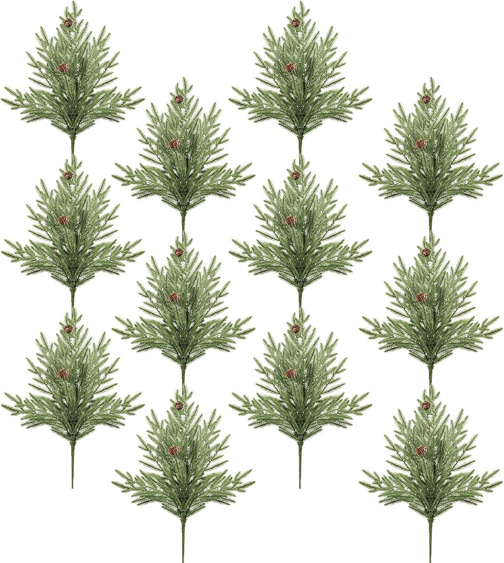 DN DECONATION Artificial Christmas Norfolk Pine Stems, Faux Pine Branches with Cones 22.4" 12PCS - Greenery Fake Pine Needles for Vase Arrangements, Winter, Holiday Indoor Outdoor Home Decor