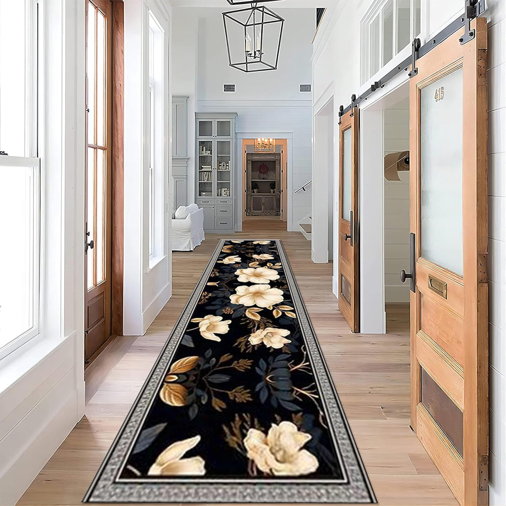 Modern Minimalist Floral Runner Rugs for Hallway, 3.3x10ft, Botanical Print Home Decor Carpet, Washable Rubber Backed Absorbent Bathroom Decorations Anti-Slip Rug for Entryway Kitchen