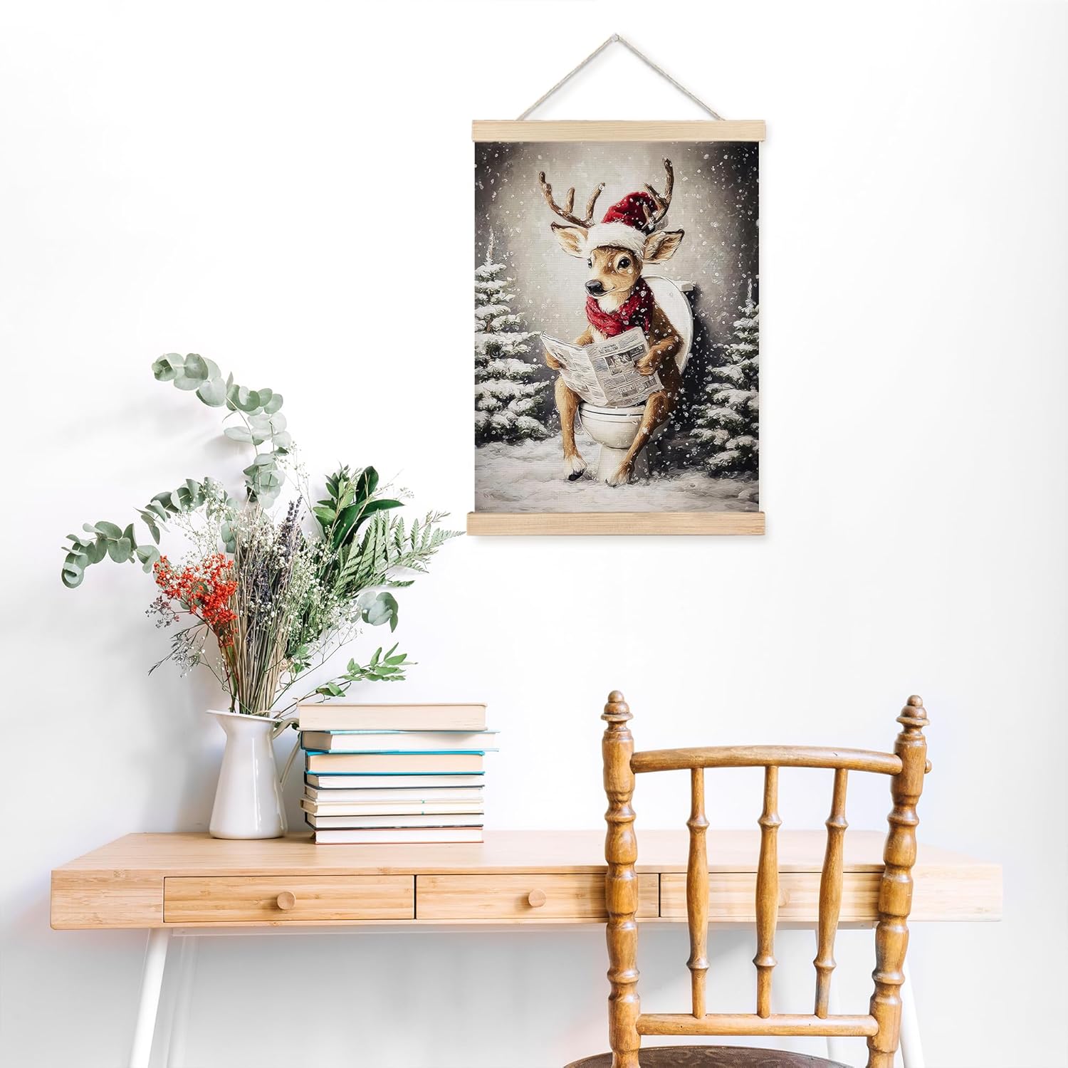 FDHSPAAM Funny Christmas Deer Bathroom Wall Art Decor, Christmas Bathroom Decor, Vintage Holiday Xmas Tree Rustic Winter Wall Art Posters for Washroom Restroom, 12x16 Inch
