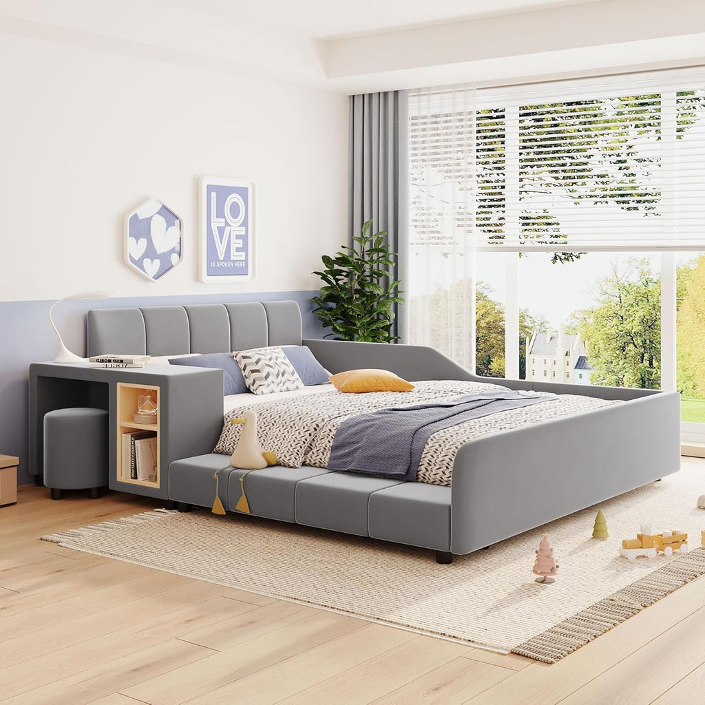 Merax Full Size Velvet Bed Frames Upholstered Grounded Bed, Wooden Mother & Child Bed with Bedside Desk and Little Round Stool,Kids Adults Bedroom Floor Platform Bed,Gray