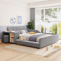 Merax Full Size Velvet Bed Frames Upholstered Grounded Bed, Wooden Mother & Child Bed with Bedside Desk and Little Round Stool,Kids Adults Bedroom Floor Platform Bed,Gray