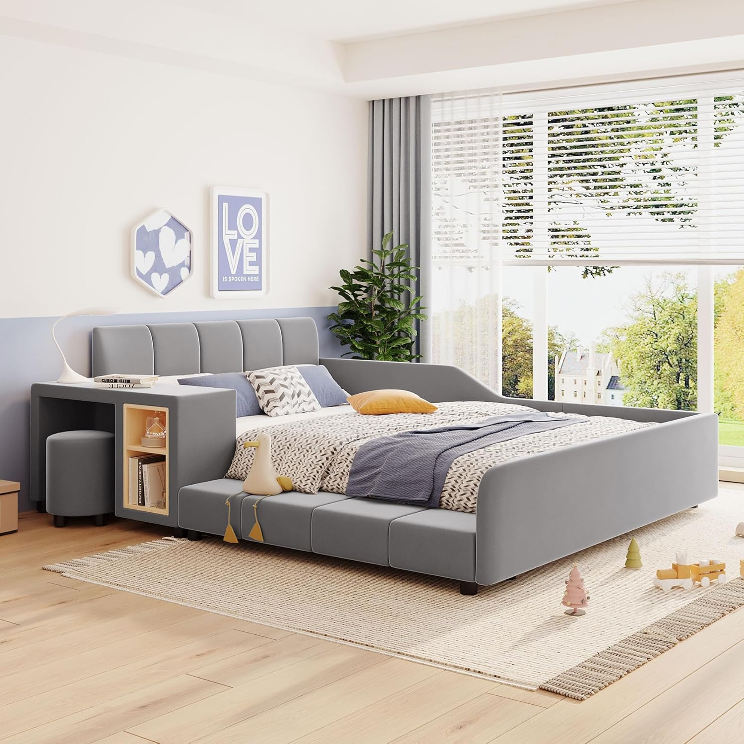 Merax Full Size Velvet Bed Frames Upholstered Grounded Bed, Wooden Mother & Child Bed with Bedside Desk and Little Round Stool,Kids Adults Bedroom Floor Platform Bed,Gray