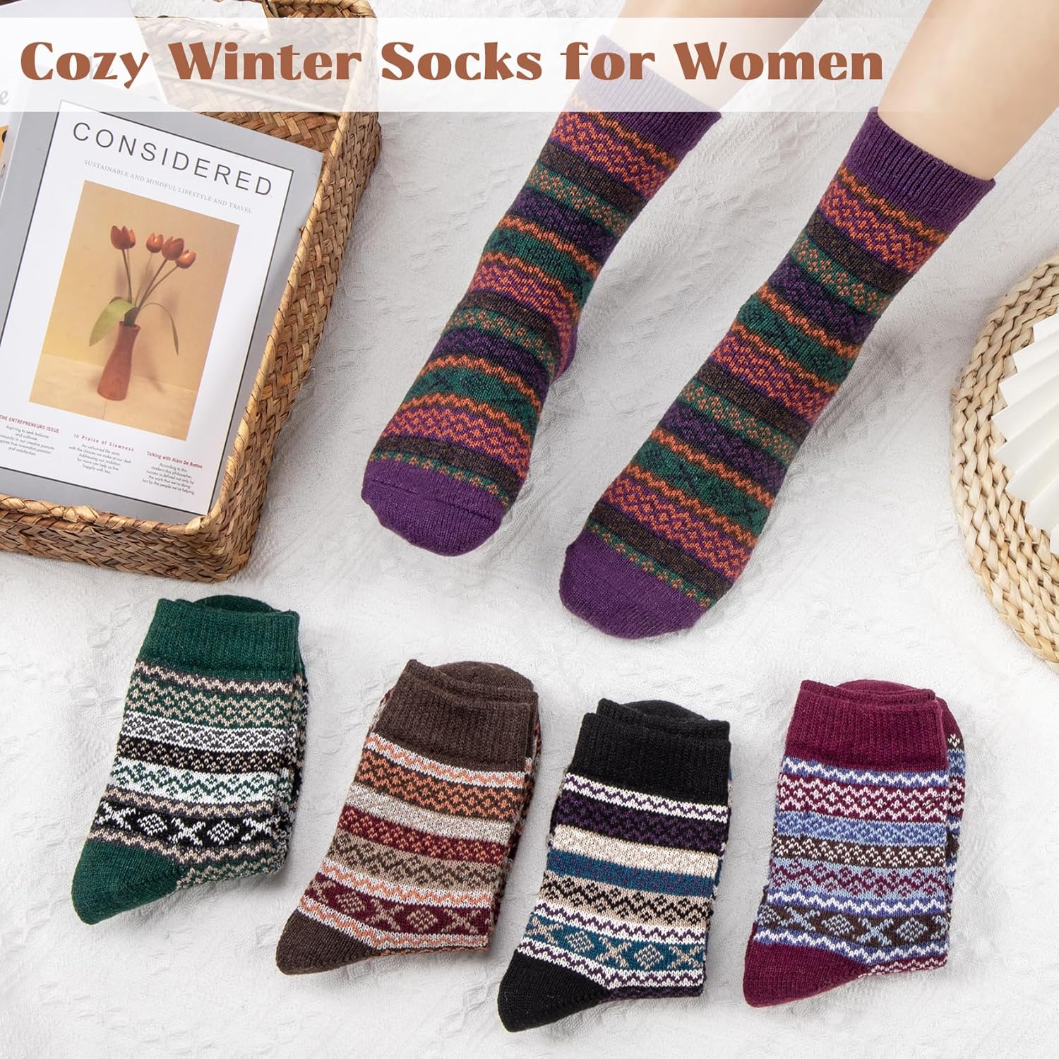 Justay 5 Pairs Wool Socks for Women - Winter Thick Boot Cozy Crew Vintage Soft Calf Knit Warm Socks Gifts