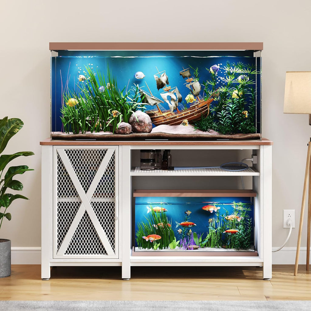 DWVO Heavy Duty Metal Aquarium Stand with Power Outlets, Cabinet for Fish Tank Accessories Storage - Suitable for 55-75 Gallon Fish Tank Stand, Turtle Tank, 860LBS Capacity, White & Walnut