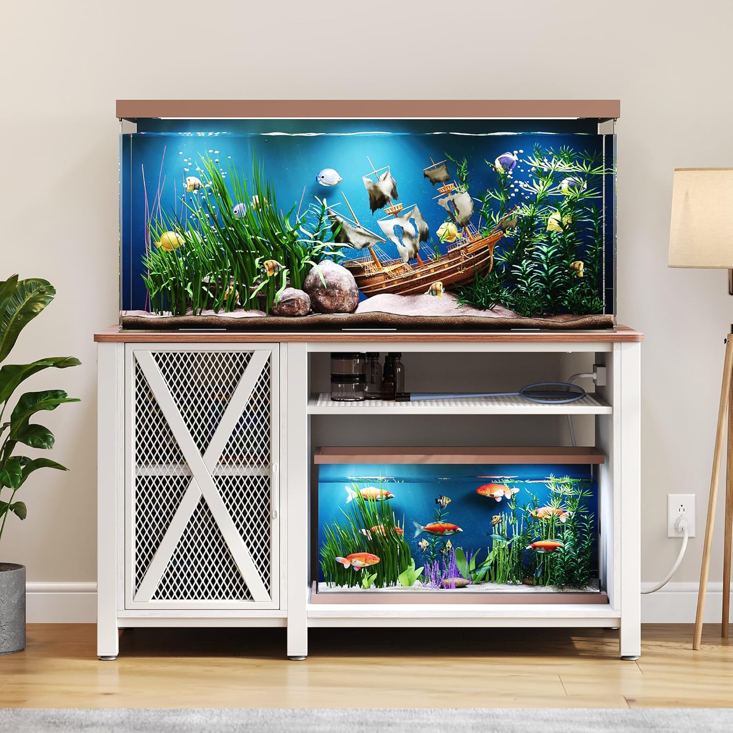 DWVO Heavy Duty Metal Aquarium Stand with Power Outlets, Cabinet for Fish Tank Accessories Storage - Suitable for 55-75 Gallon Fish Tank Stand, Turtle Tank, 860LBS Capacity, White & Walnut