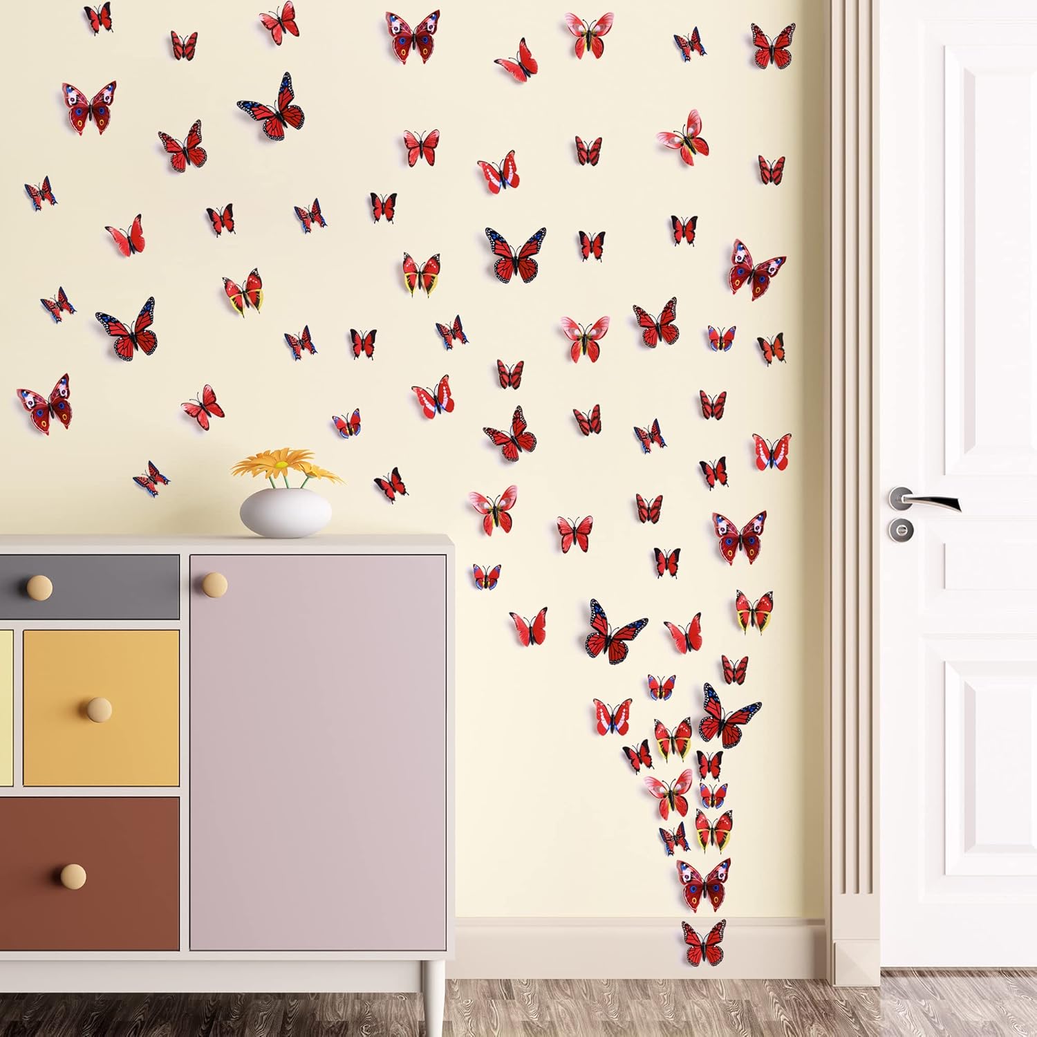 LiveGallery 72 PCS Red Removable 3D DIY Beautiful Butterfly Wall Decals Colorful Butterflies Art Decor Wall Stickers Murals for Kids Baby Boy Girls Bedroom Classroom Offices (Red)