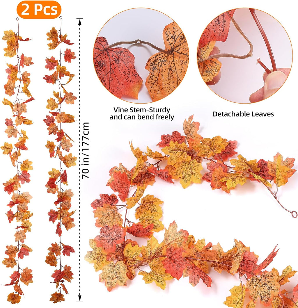 Fall Leaves Garland Maple Leaf, 2 Pack Fake Hanging Vines for Bedroom Wedding Thanksgiving Christmas Decorations, Fireplace Wall Outdoor Front Porch Autumn Decor-Orange