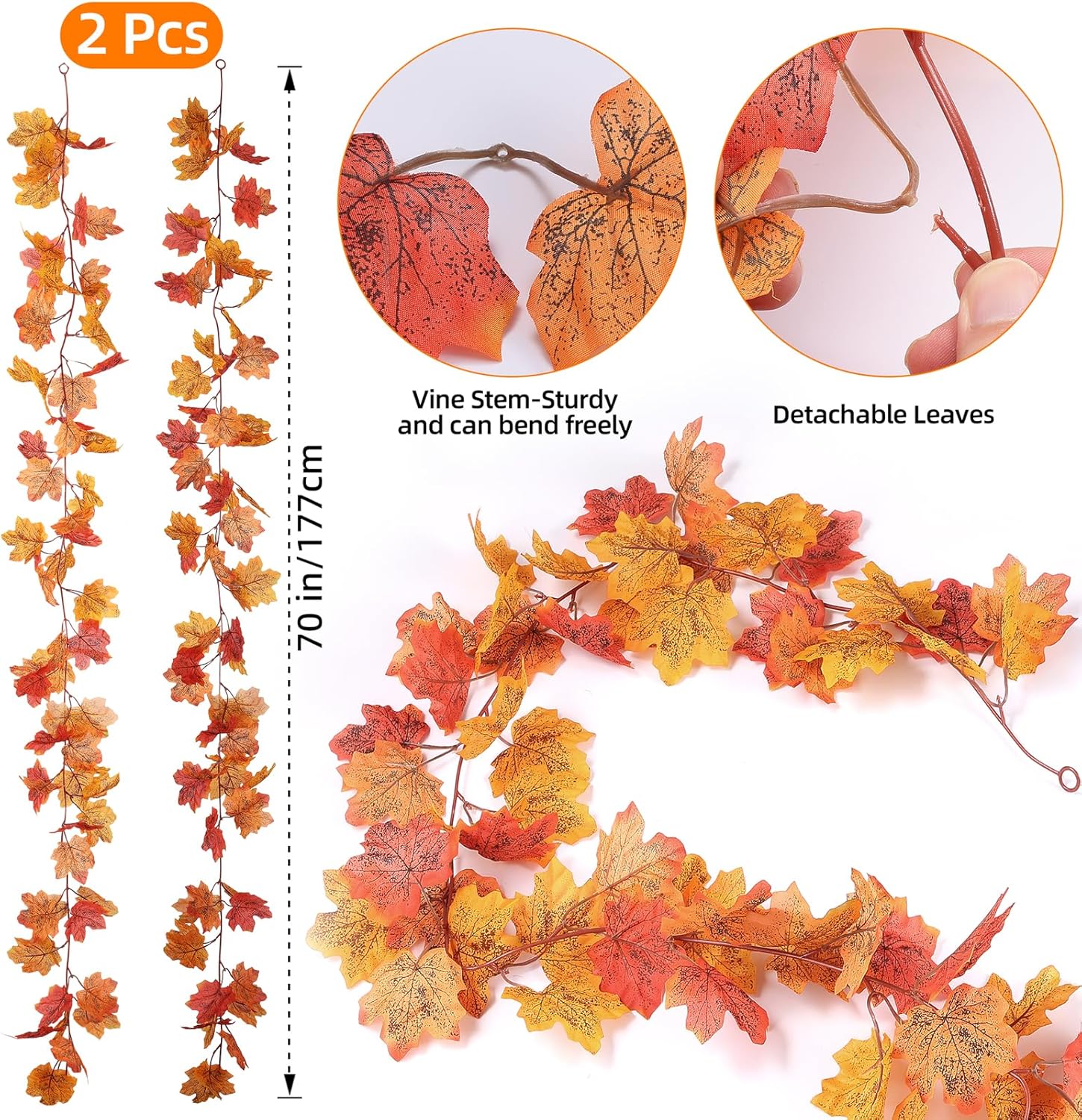 Fall Leaves Garland Maple Leaf, 2 Pack Fake Hanging Vines for Bedroom Wedding Thanksgiving Christmas Decorations, Fireplace Wall Outdoor Front Porch Autumn Decor-Orange