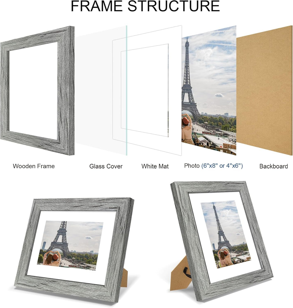 6x8 Picture Frame Set of 4, Made of Real Glass and Grey Frame - Display Picture 4x6 with Mat or 6x8 Without Mat, 6 by 8 Photo for Wall or Tabletop