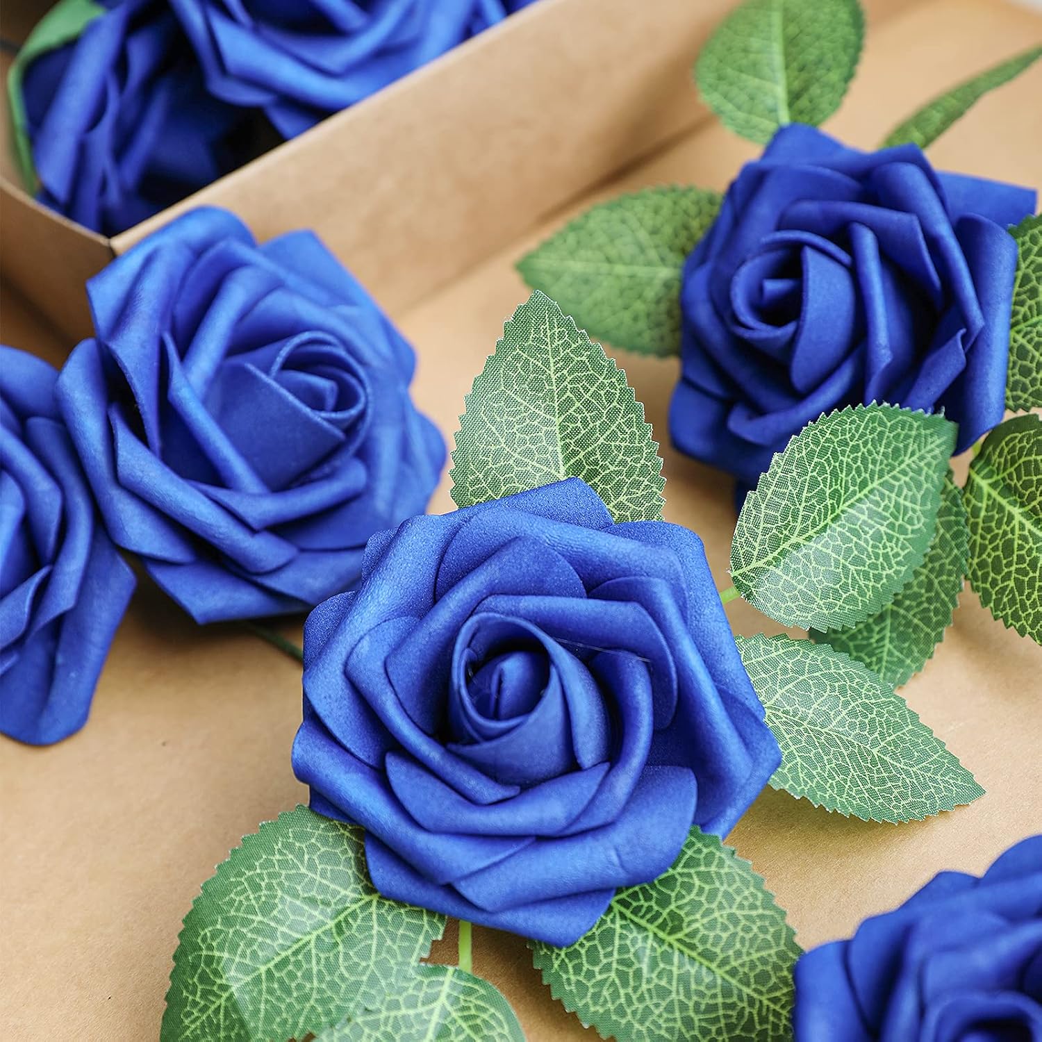 AmyHomie Artificial Flower Royal Blue Rose 25pcs Real Looking Fake Roses w/Stem for DIY Wedding Bouquets Centerpieces Arrangements Party Baby Shower Valentines Day Christmas Tree Decorations