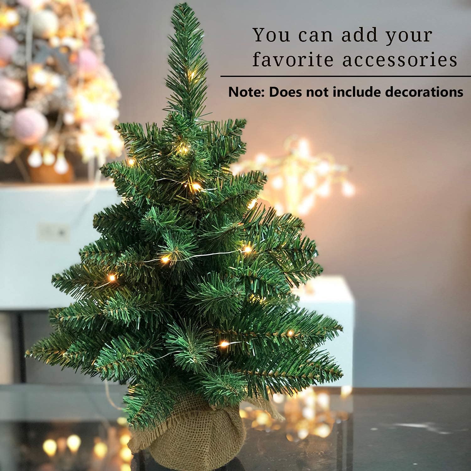 Pre-Lit Artificial Mini Christmas Tree,20 inch Small Pine Xmas Tree with 40 LED Lights,70 Branch Tips,Battery Operated Tabletop Christmas Tree Burlap Base-(50cm)