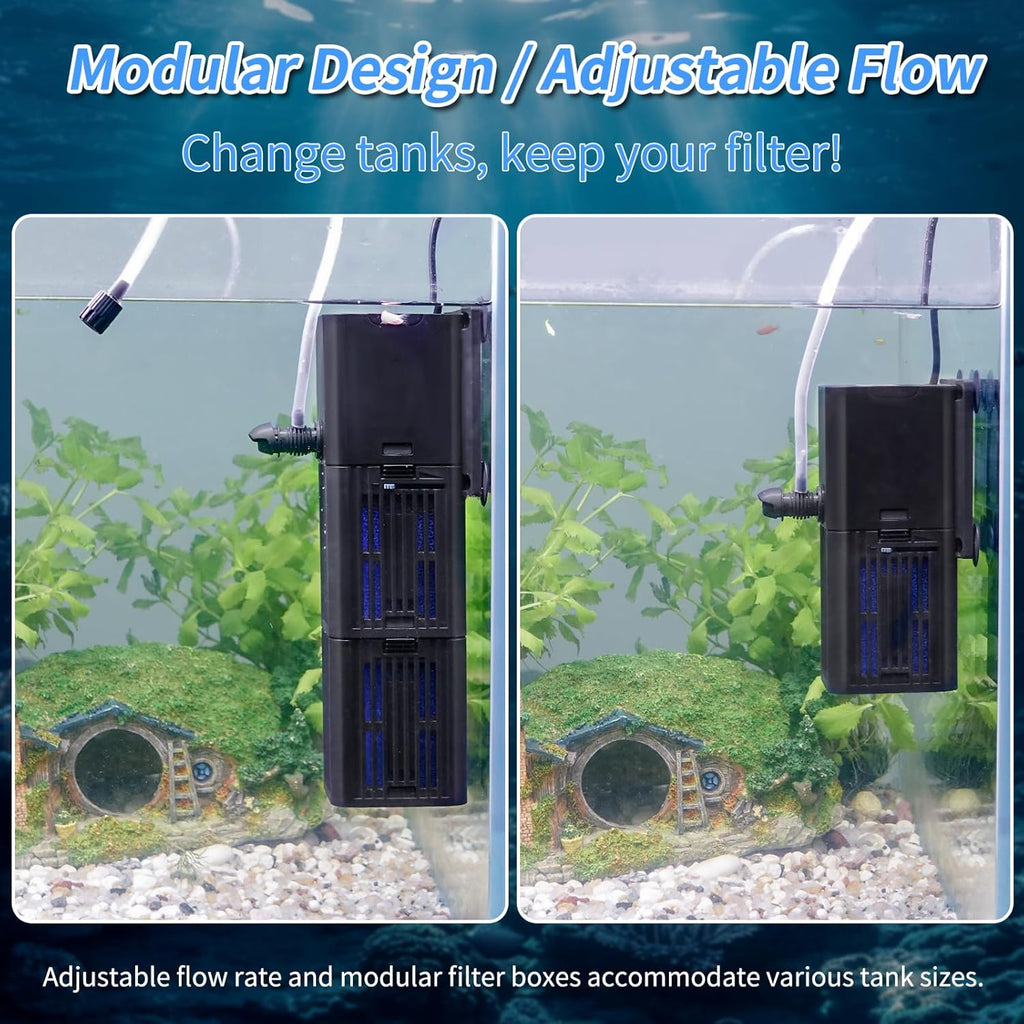 Aquarium Filter Water Flow Adjustable for 55-200 Gallon Fish Turtle Tank 400GPH Biochemical Filtration 4in1 Submersible Internal Powerful Pumps & Filters Keep Freshwater Saltwater Crystal Clear Large