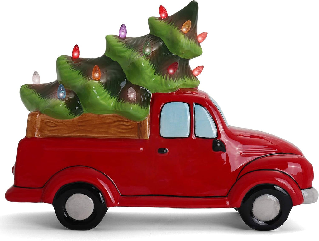 Milltown Merchants Ceramic Christmas Tree in Vintage Truck - Nostalgic Tabletop Decor - (11" Red Truck/Multicolored Lights)