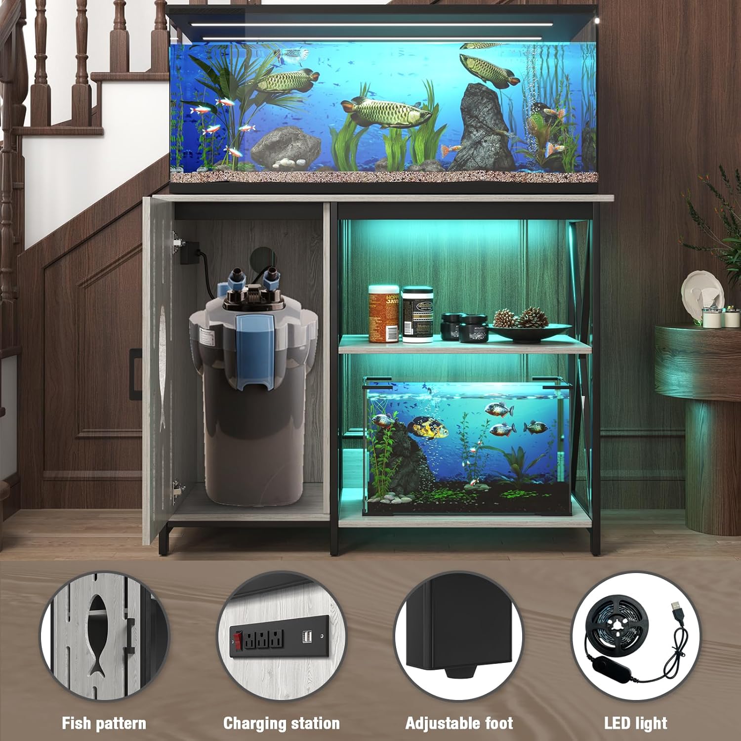 Aquarium Stand 40 Gallon,Fish Tank Stand with Cabinet Storage,Power Outlets & LED Light,Heavy Duty Aquarium Stand for Turtle Tank,Reptile Terrarium,800LBS Capacity,Grey
