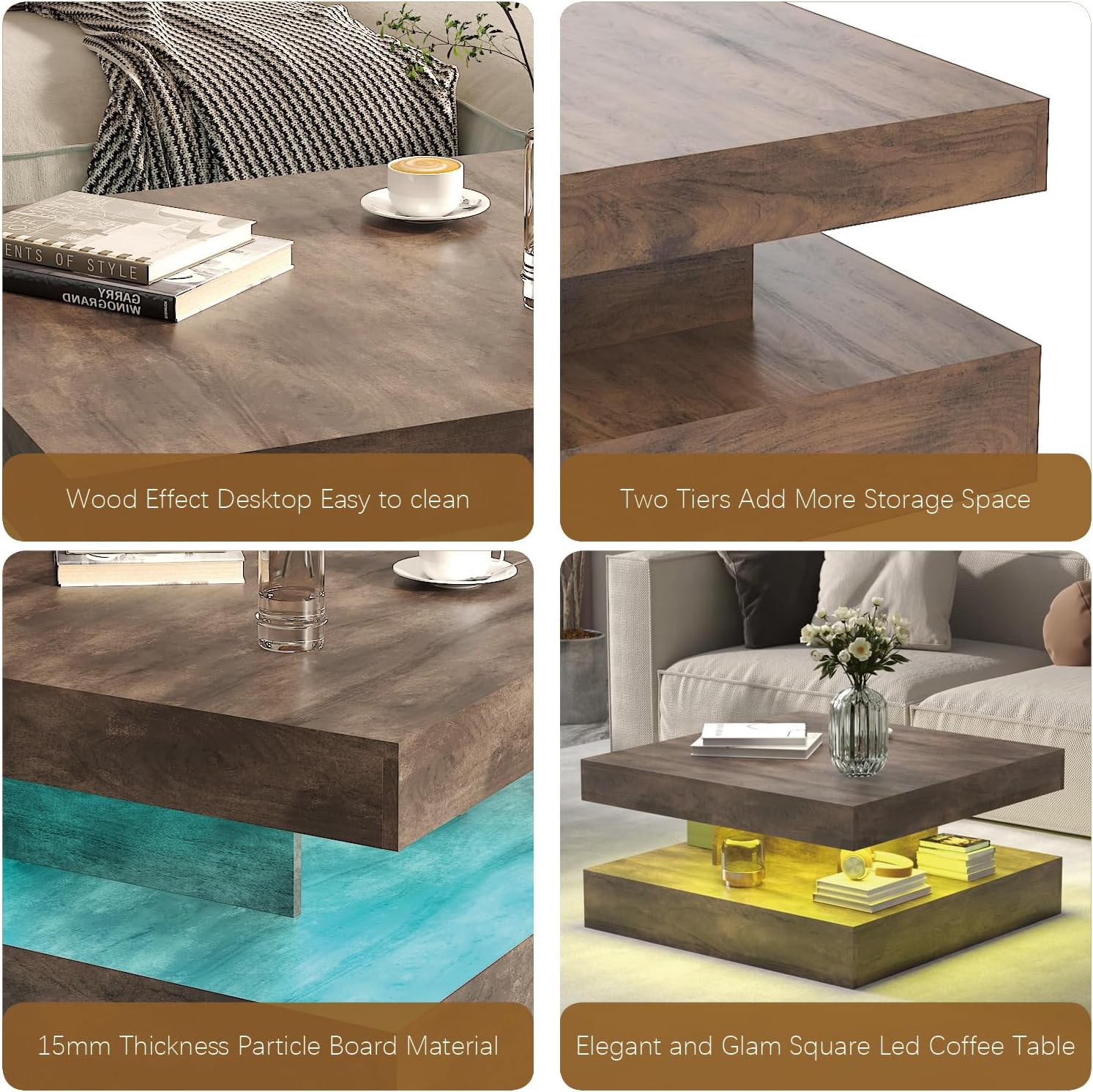 LED Coffee Table for Living Room, Living Room Table 2-Tier Square Middle Center Table, Modern Coffee Tables with Storage, Contemporary Wood Tea Tables for Dining Reception, Rustic