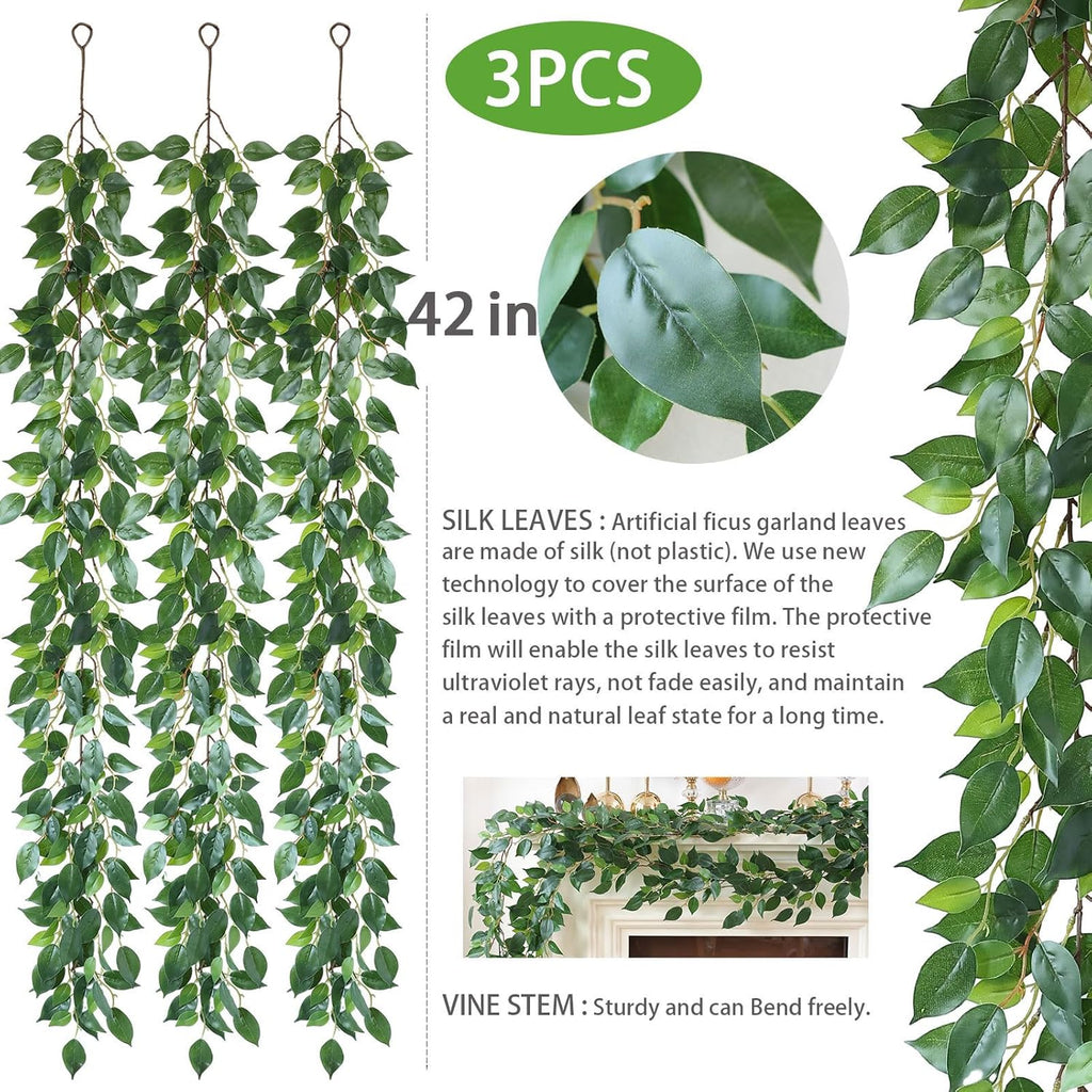 Mizii 3 Packs Artificial Vines Garland 42'' Fake Ficus Vine Greenery Garland Silk Green Leaves Decoration Faux Hanging Plants for Wedding Table Centerpieces Wall Room Decor (42in)