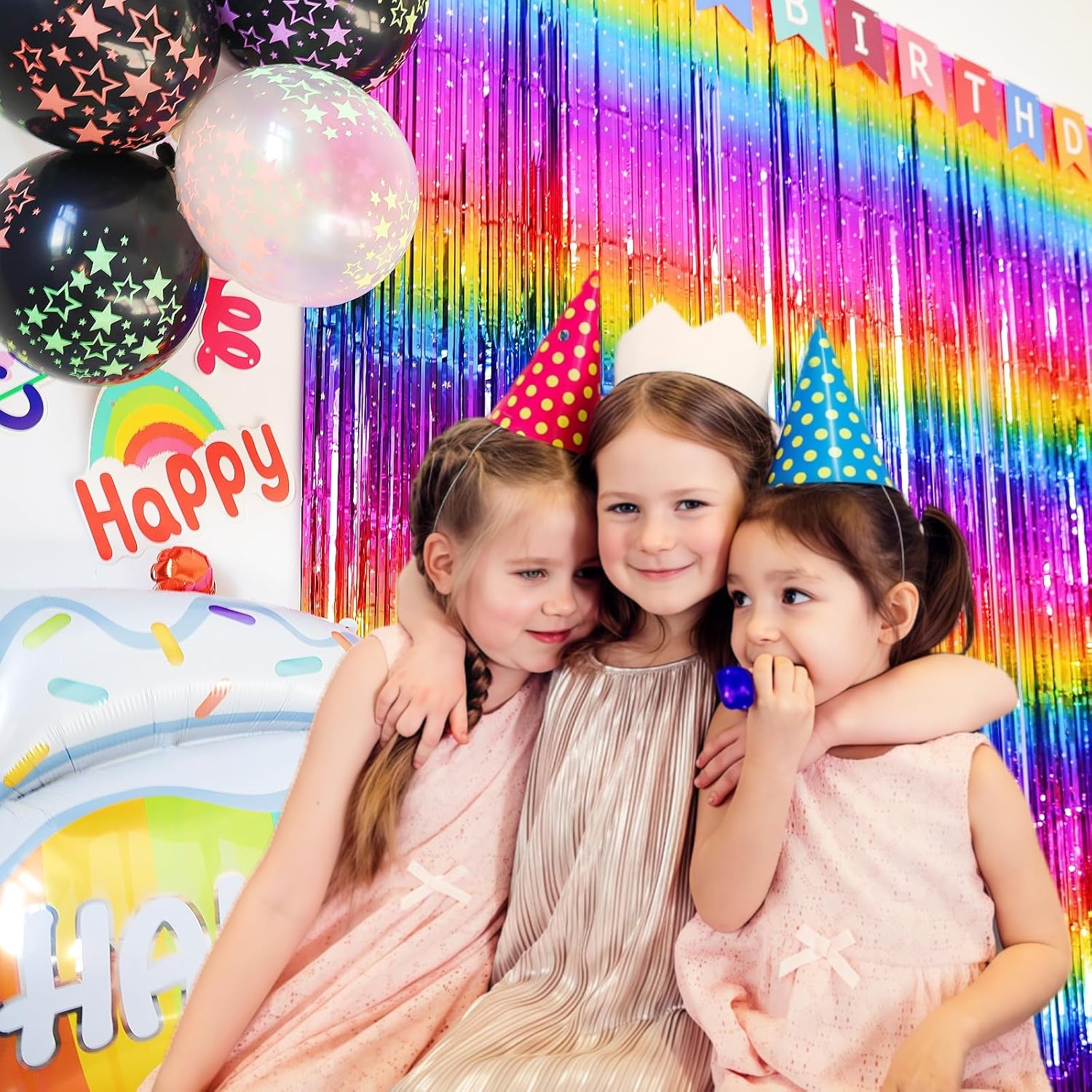 Pack of 4 Sparkly Neon Rainbow Foil Fringe Curtain Backdrop Metallic Streamers Photo Booth Props for Birthday Bachelorette Gay Pride Day Graduation Wedding 80s 90s Disco Party Decorations -3.3x6.6Ft