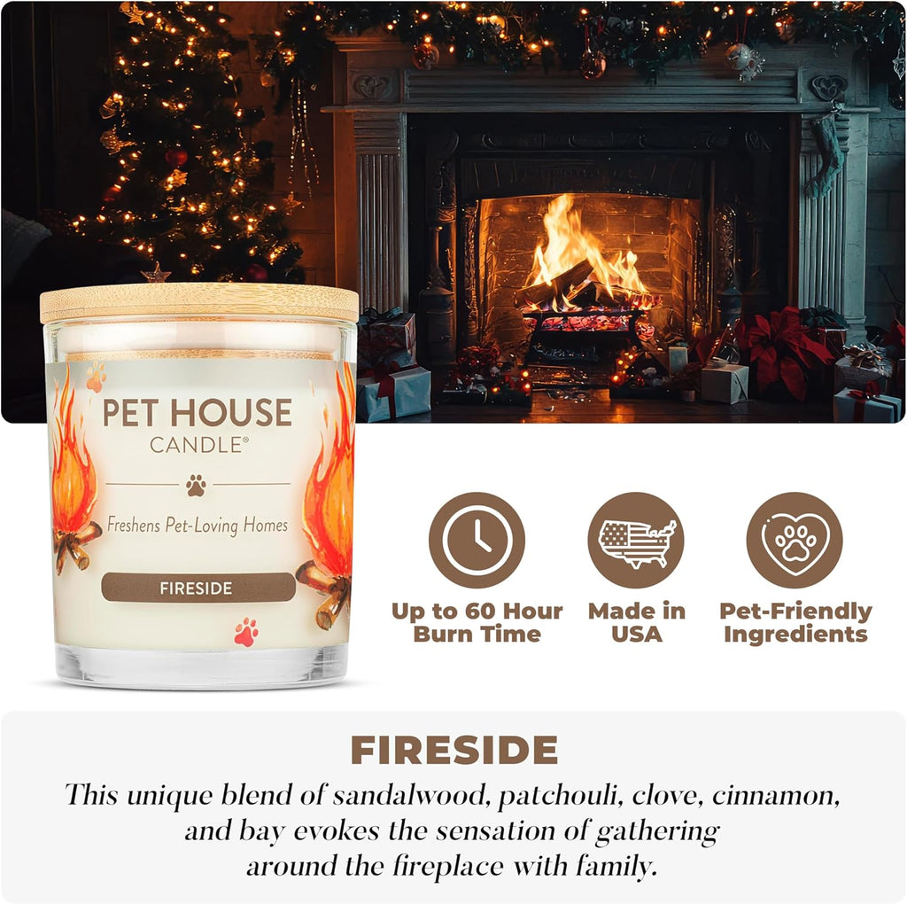One Fur All Pet House Candle 9 OZ Plant-Based Soy Scented Candle with a 60 Hour Burn Time and a Cotton Wick - Fireside