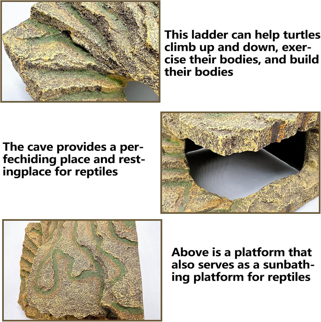 kathson Turtles Basking Platform, Reptile Cave Hideout,Tortoise Resting Terrace with Climbing Ramp,Turtle Resin Dock Tank Accessories Decor for Amphibians, Lizard, Gecko, Frog, Salamander,Extra Large