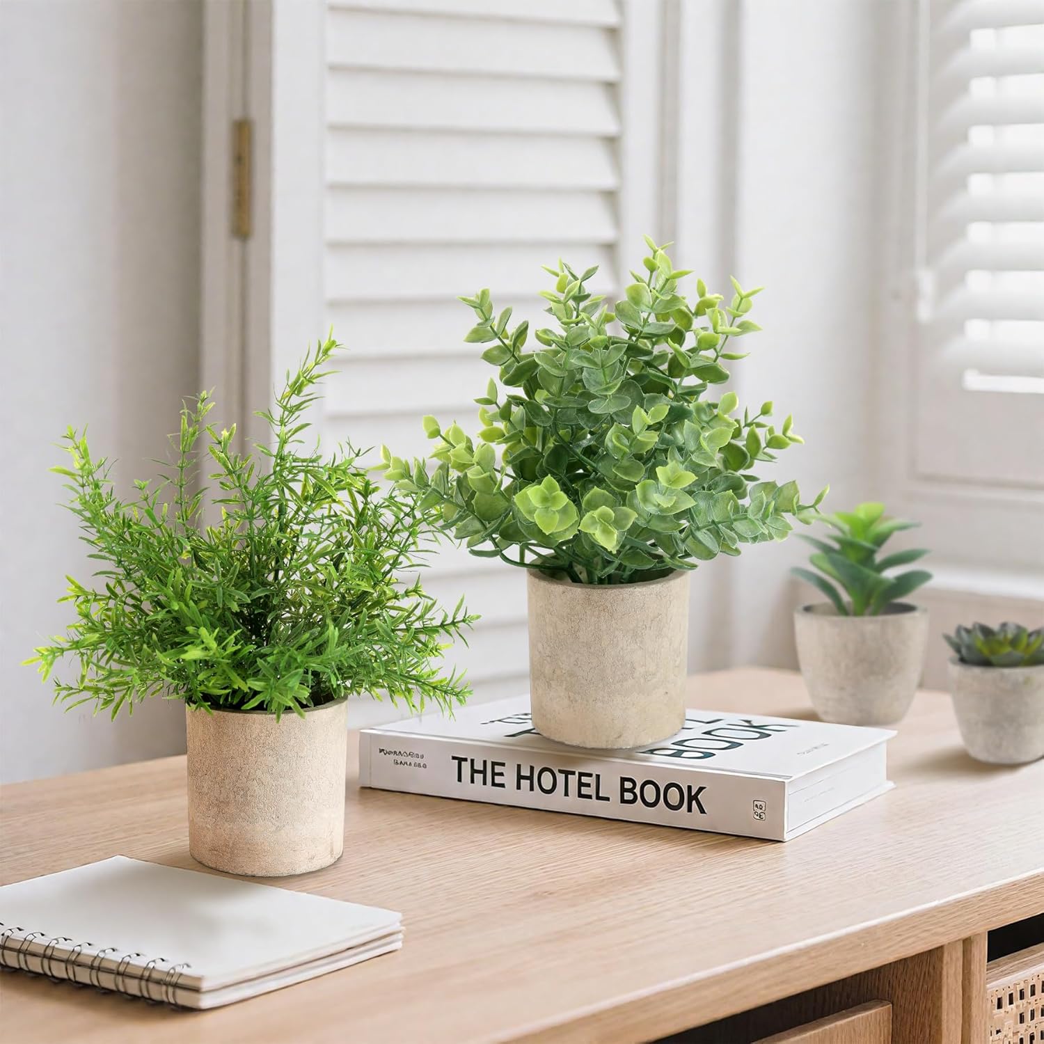 ALAGIRLS 4 Pack Small Fake Plants, 10" Artificial Plants Indoor Eucalyptus/Rosemary/Succulents, Small Faux Plants in Pulp Pot for Bathroom Bedroom Kitchen Office Living Room Decor