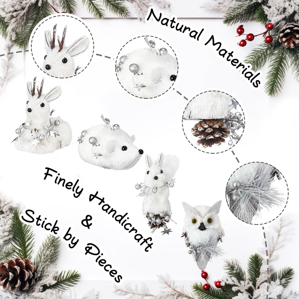 8 Pack Sisal Woodland Friends Animals White Mini Winter Christmas Tree Hanging Ornaments Set Natural Sisal Straw Figurines Rustic Forest Hanging Accessory Decor for Winter Fairyland Decor