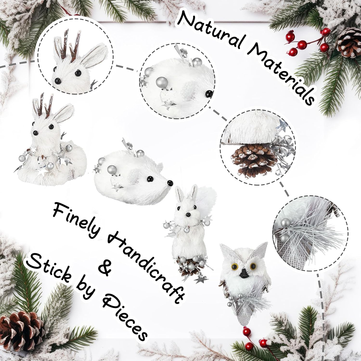 8 Pack Sisal Woodland Friends Animals White Mini Winter Christmas Tree Hanging Ornaments Set Natural Sisal Straw Figurines Rustic Forest Hanging Accessory Decor for Winter Fairyland Decor