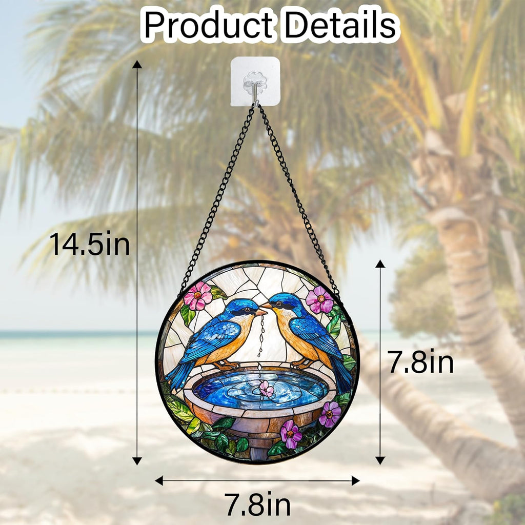Stained Glass Window Hanging, 2 Blue Birds Suncatcher Diamond Glass Panel Hangings Bird Lover Sun Catchers Decor for Birthday for Women, Men, Wife, Aunt, and Mom 7.8 in