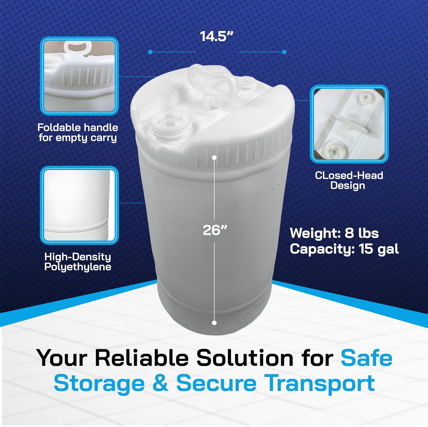 Air Sea Containers - 15 Gallon Drum Closed-Head UN Rated Poly Drum with Screw Cap - for Industrial, Commercial & Overseas Use - Natural Plastic Drum (Pack of 3)