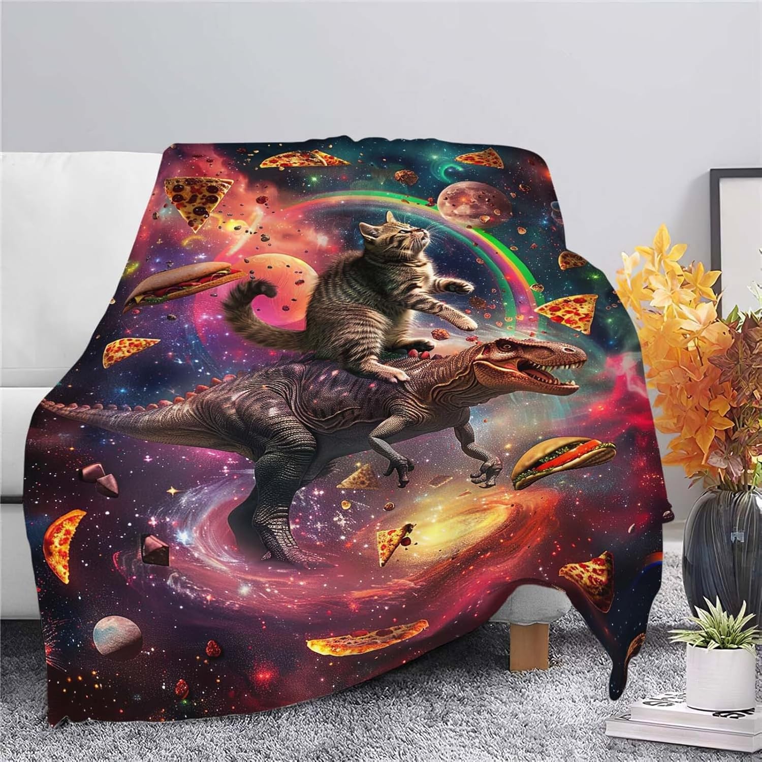Dinosaur Cat Throw Blanket Funny Hamburger Pizza Dinosaur Cat Stuff Gifts for Kids Girls Boys Adults Women Man Soft Cozy Warm Plush Fluffy Fuzzy Fleece Blanket Decorr 40''X50''