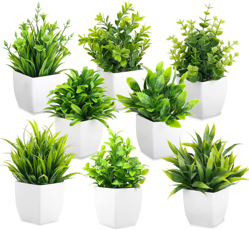 LELEE Artificial Plants Mini Fake Potted Plants, 8 pcs Small Eucalyptus Potted Faux Decorative Grass Plant with White Pot for Home Decor, Indoor, Office, Desk, Shelf, Table Decoration